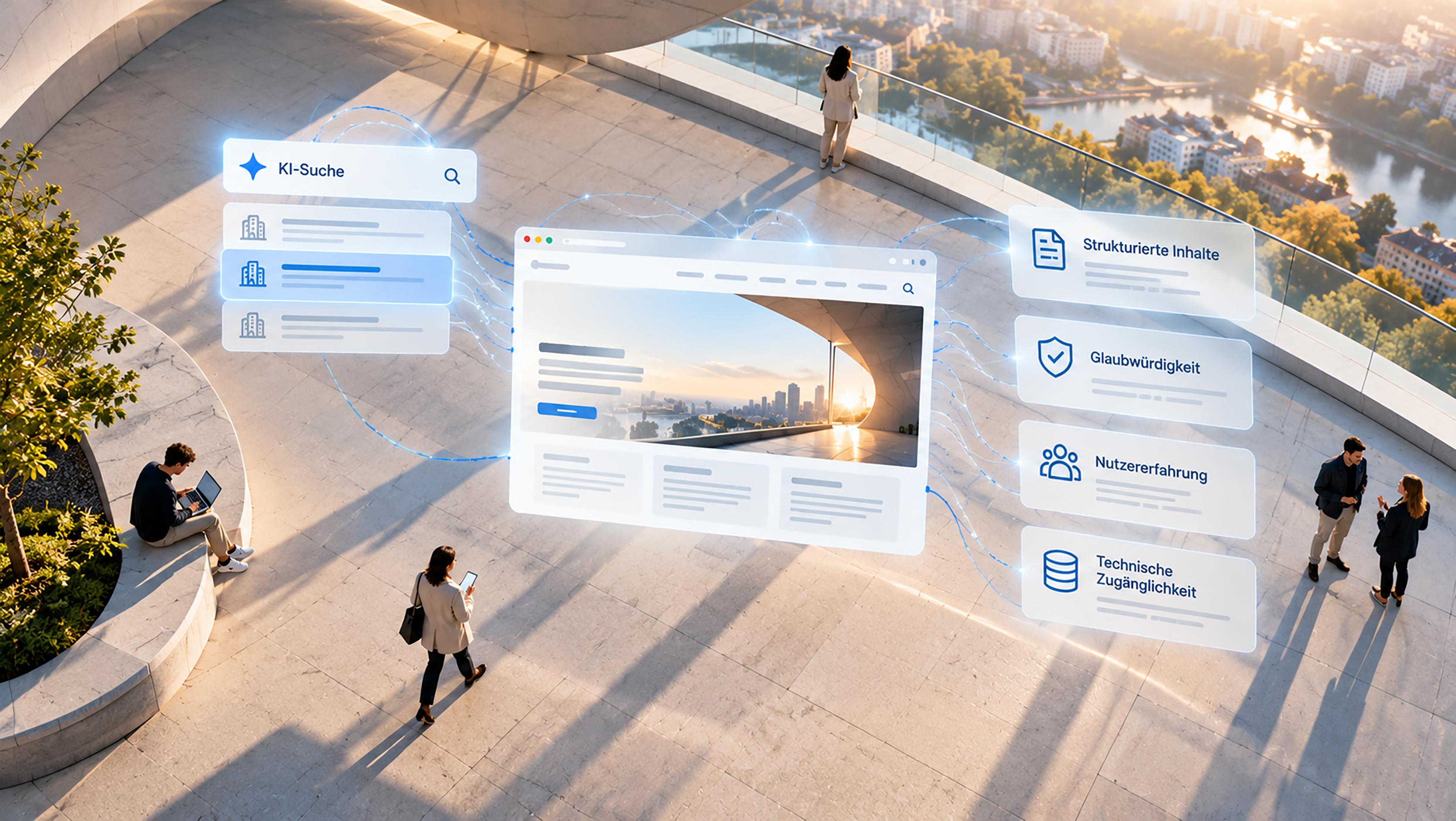 Illustration einer Corporate Website mit KI-Suche und vernetzten Elementen für strukturierte Inhalte, Glaubwürdigkeit, Nutzererfahrung und technische Zugänglichkeit.