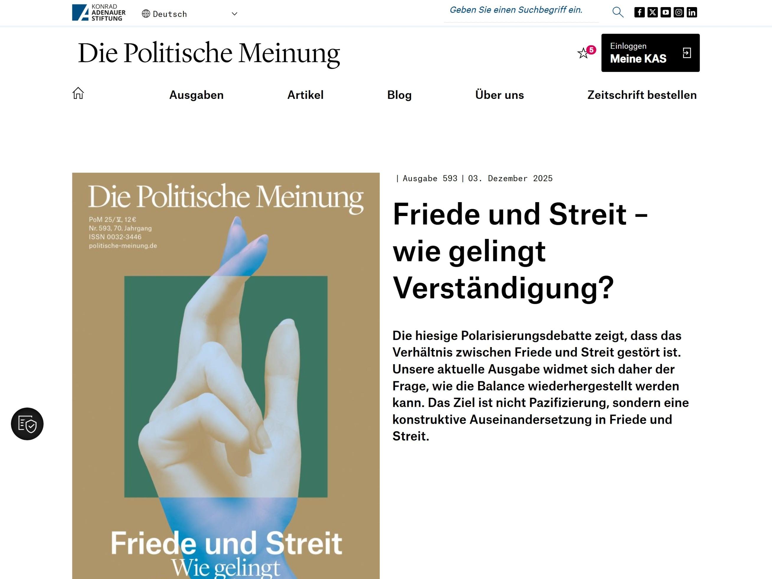 Ein Screenshot der Magazins Politische Meinung